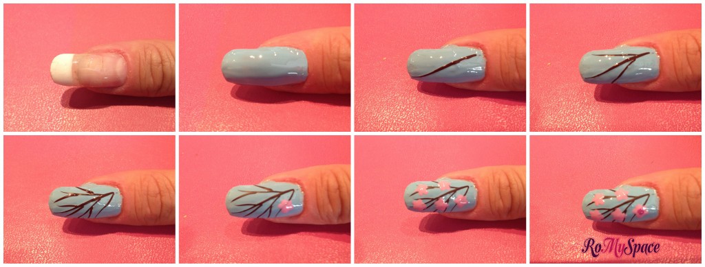 nailart nails art unghie fiori flowers pesco peach pesca pasqua easter rosa pink azzurro blue ramo branch romyspace