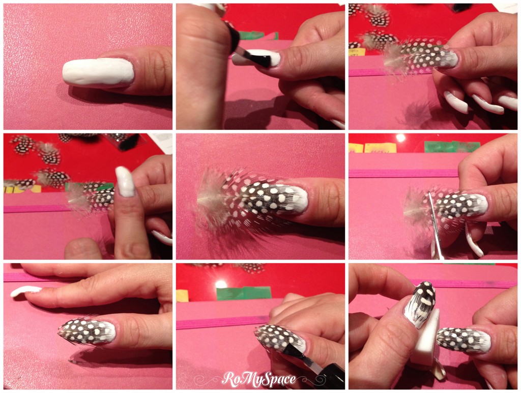 nailart nails unghie polish smalto decorazione romyspace piuma piume bianco nero white black plume feather
