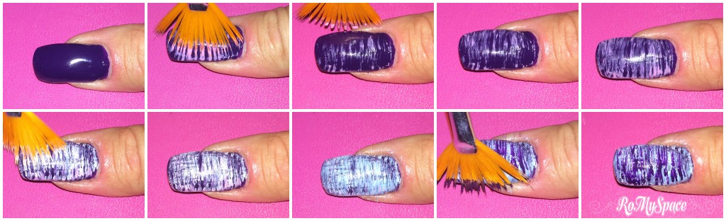 nails nailart nail art unghie smalto polish decorazione viola purple bianco white pennello brush ventaglio romypace fan shaped