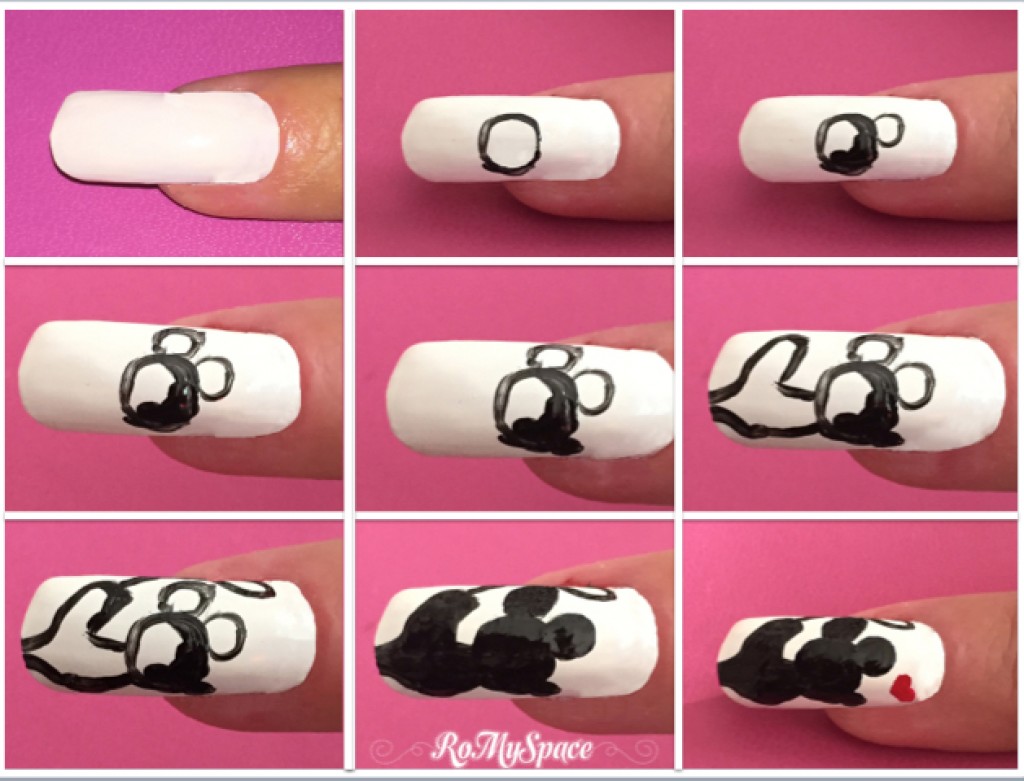 nail art nails unghie decorazione topo mouse minnie topolino mickey disney bianco nero white black romyspace foto tutorial passo passo medio