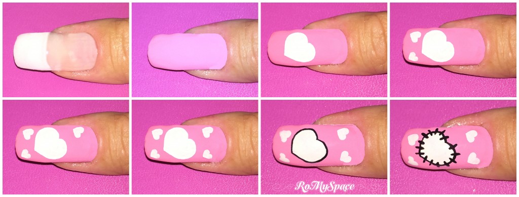 nailart nail art nails unghie romyspace san valentino valentine rosa pink cuore cuori heart cucito pezza bianco bianchi white foto tutorial passo passo